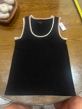 LOFT Black Tank Top with Cream and Rust-Trimmed Neckline NWT